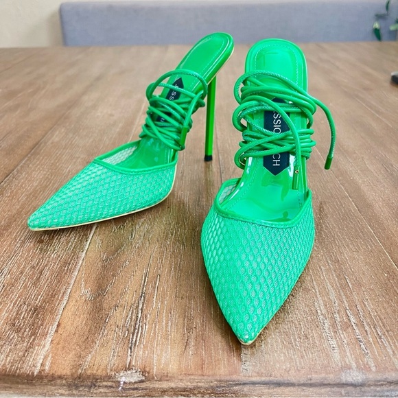 Jessica Rich Women's 36 Strappy Mesh Pointed Toe Ankle Tie Kelly Green 5” Heel - Picture 3 of 10